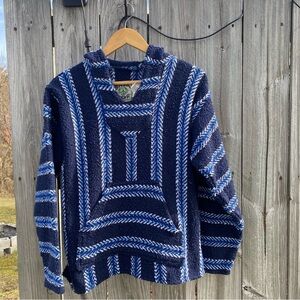 Baja Joe Hoodie Baja Mexican Poncho Style Navy Blue White Blue Stripes Size S
